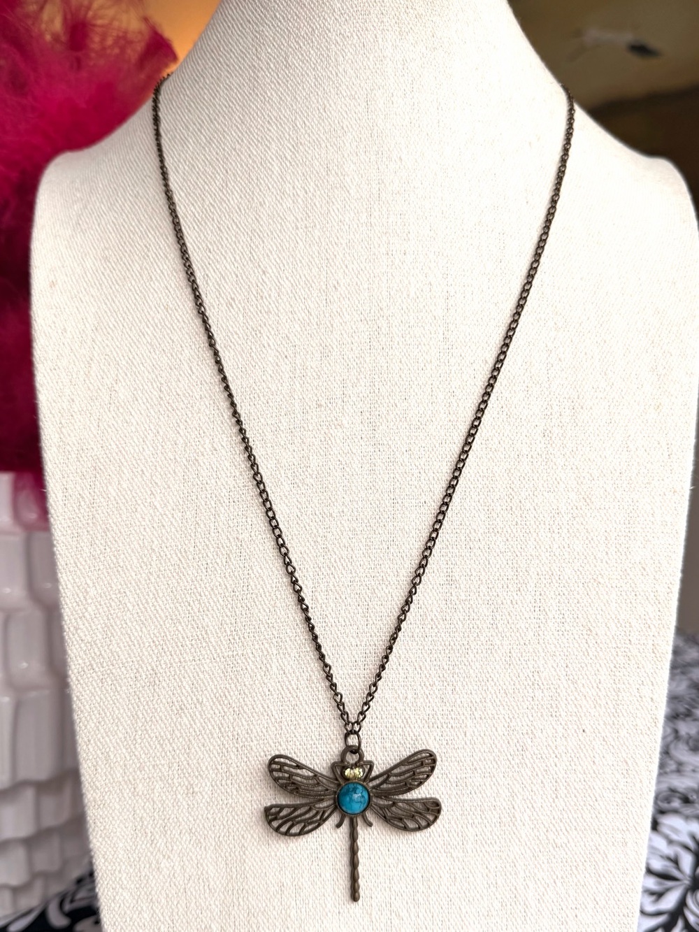 Dragonfly Pendant Necklace Turquoise Stone Rhinestone Antique Bronze 25”